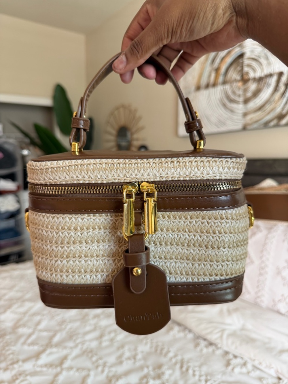 Handheld Straw and Brown Leather Vanity Bag